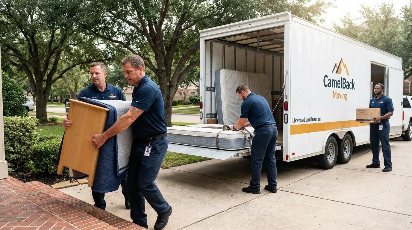Crew loading residential truck for cross-state move from Mathews, LA