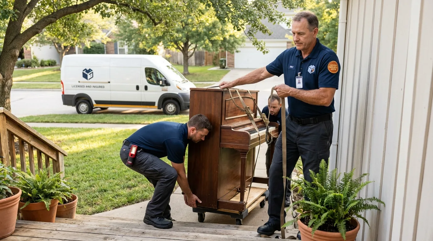 Licensed piano movers securing grand piano in Mathews, LA