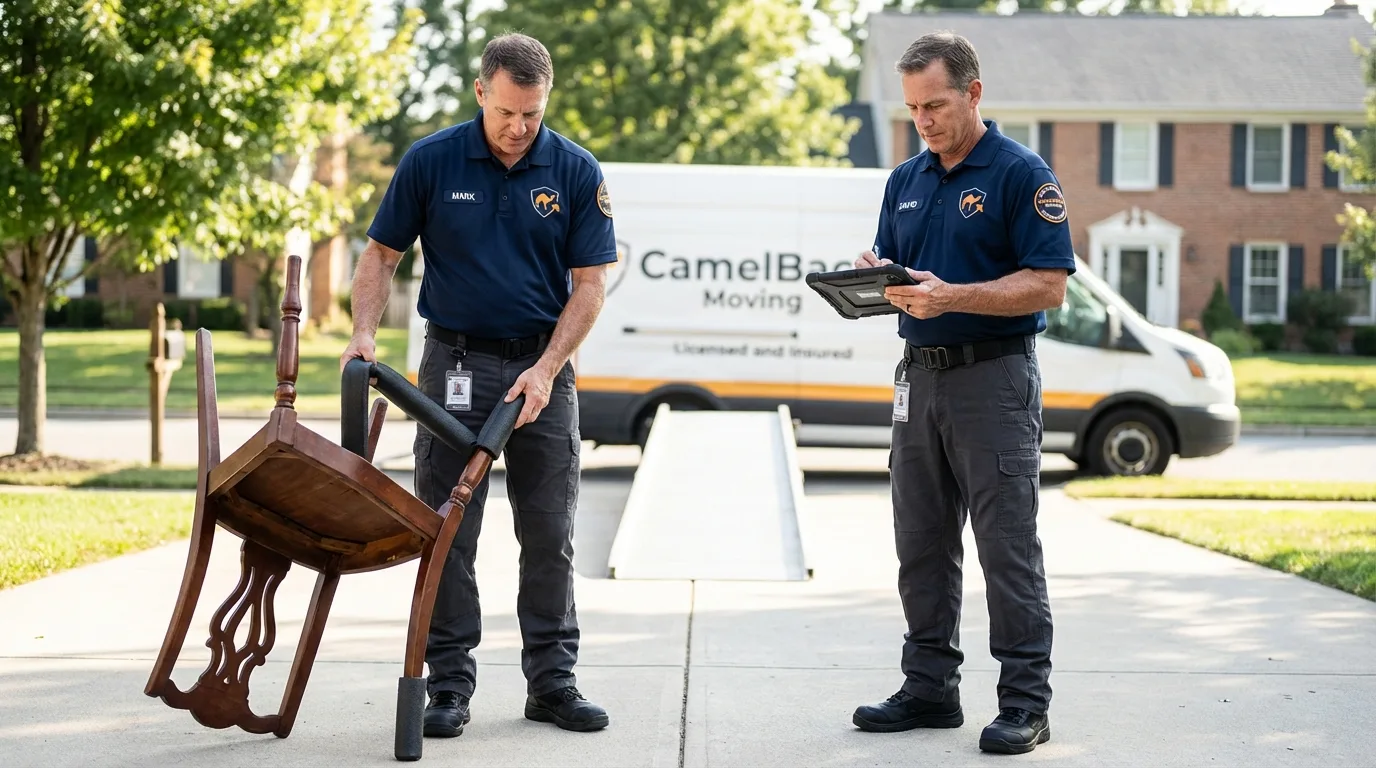 Movers inspecting furniture for damage prevention before loading in Mathews, LA