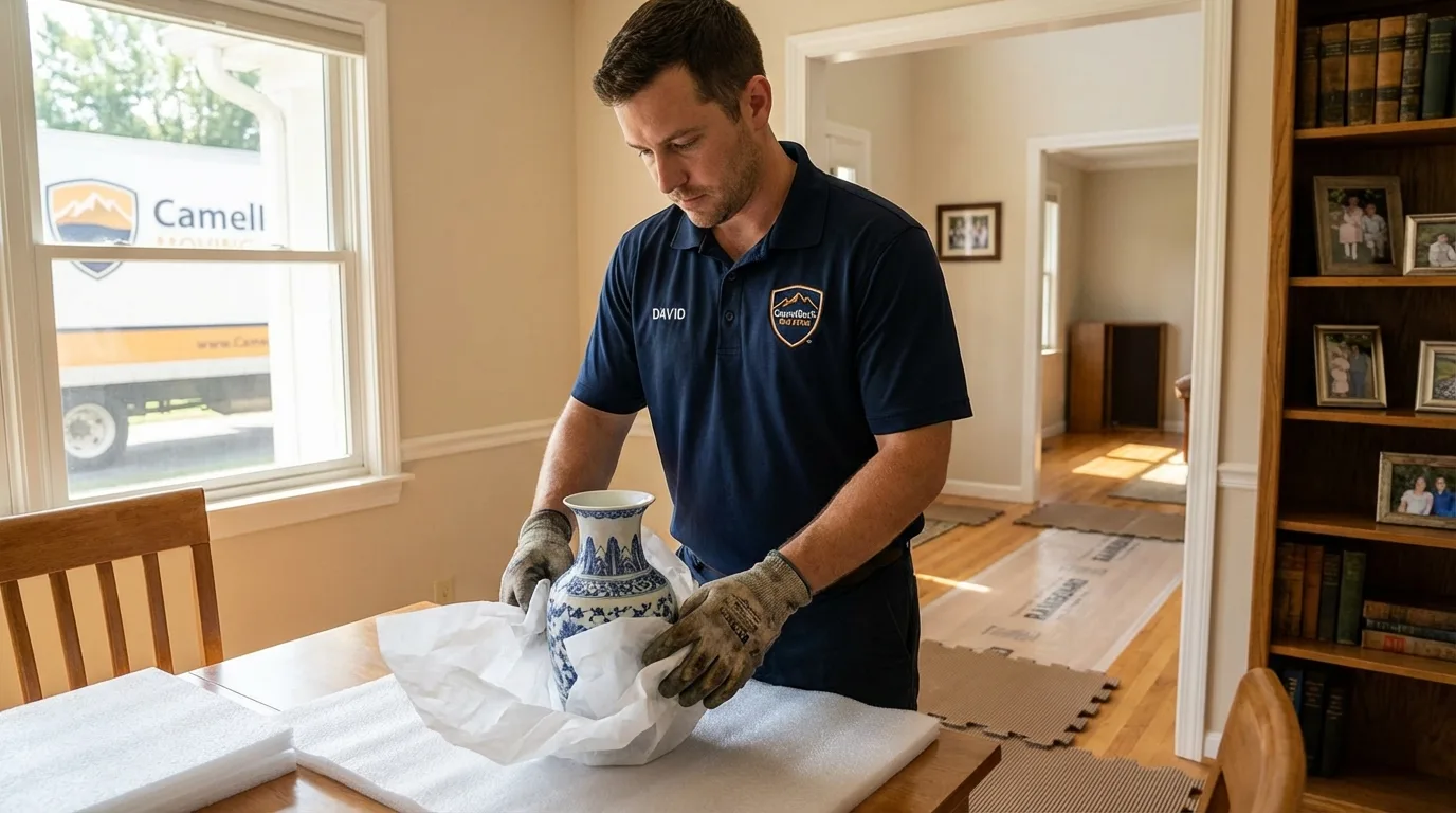 Professional crew carefully wrapping antique vase for senior downsizing move in Mathews, LA